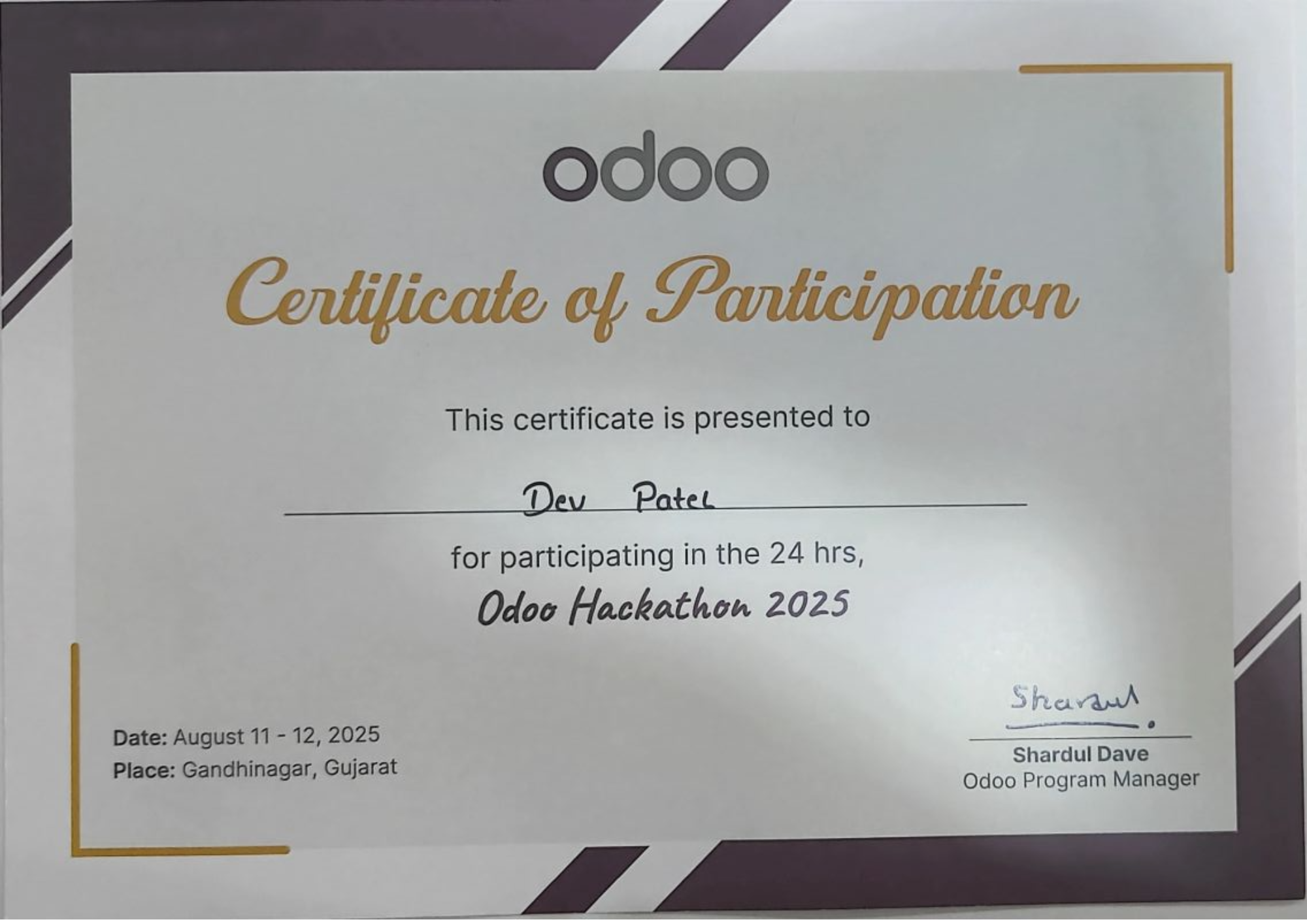 Odoo Hackathon Certificate